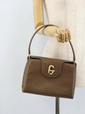 GUCCI Hand Bag Leather Beige Gold